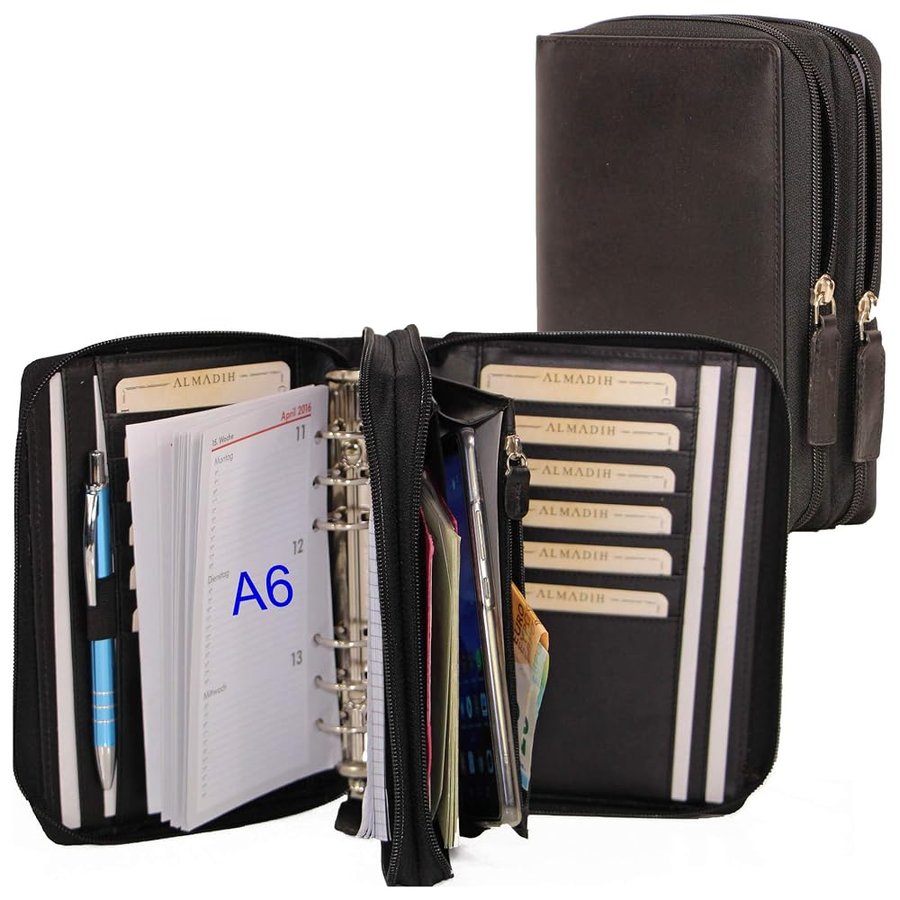 ALMADIH Agenda in pelle con cerniera A6 Portadocumenti Calendario 2025 Nero Cartella Portablocco Organizer Porta Documenti Conferenza Anelli + Block Notes Organizzatore Carpetta (KO-A6-SCH)