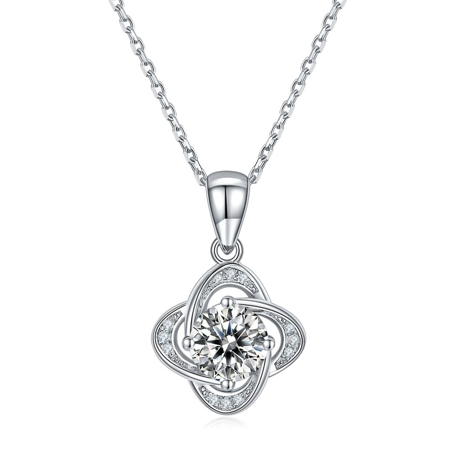 S925 Sterling Silver 4-Leaf Clover Pendant Necklace, 1ct D-VVS1 Moissanite & Lab-Grown Gems, Platinum Plated 2.4g With GRA Certificate Gift Box