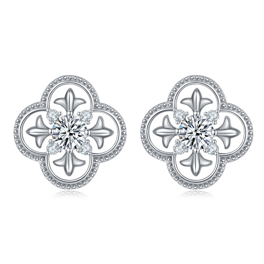 S925 Sterling Silver Clover Stud Earrings, 0.5ct D-VVS1 Moissanite, Platinum Plated Beaded Edge, 2.7g Women's Jewelry Gift Box