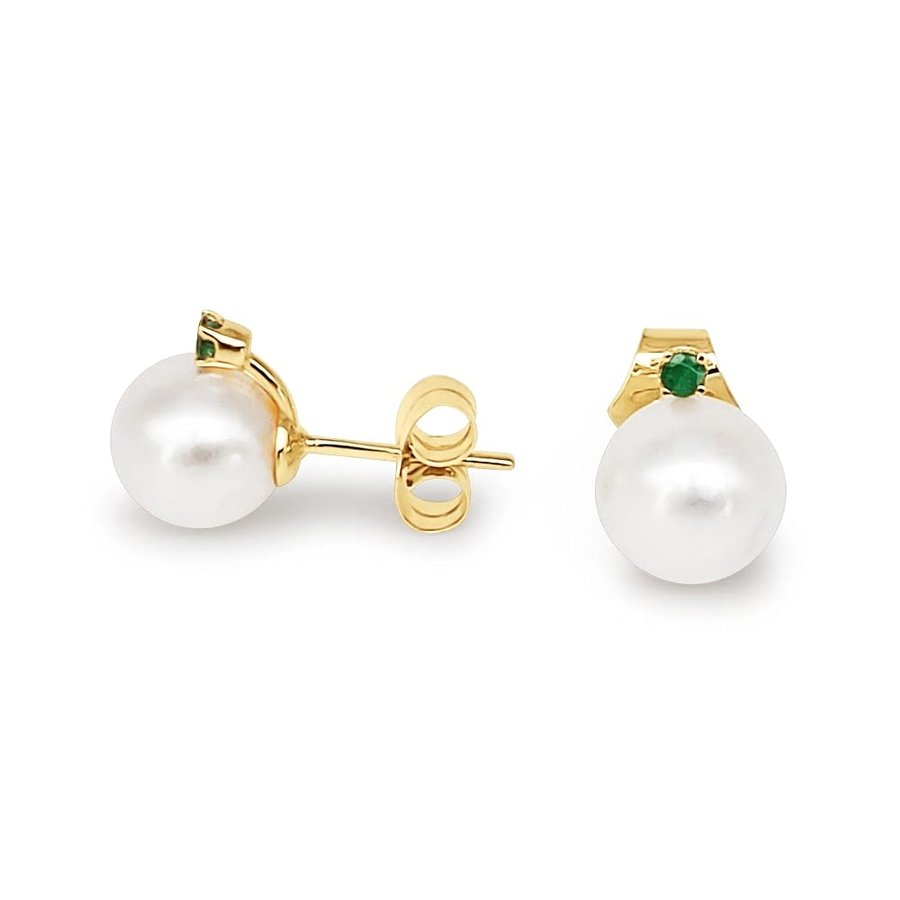 Orecchini di perle Akoya 8-8.5 mm, smeraldo con oro 9 carati, colore bianco, forma rotonda
