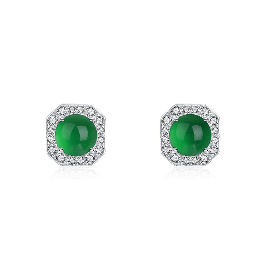S925 Sterling Silver Octagon Halo Stud Earrings, 6mm Round Green Chrysoprase, Platinum Plated 2.3g, Elegant Women's Jewelry With Gift Box Set