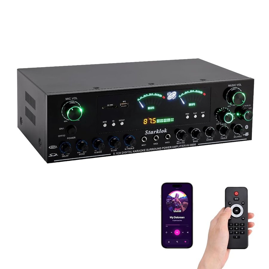 Amplificatore HiFi stereo 5.1 canali da 3000W di picco, amplificatore per home theater con subwoofer, Bluetooth 5.0, riproduzione USB/SD, TRE ingressi microfonici