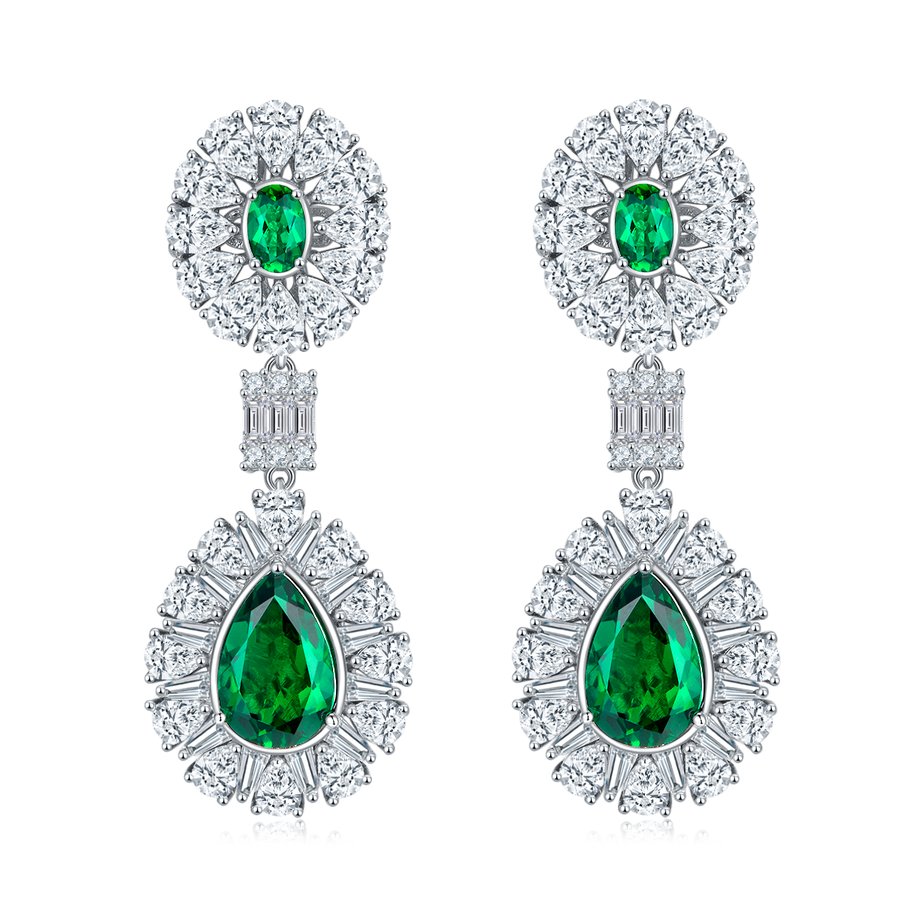 S925 Silver 15.4g 8ct Lab-Created Emerald Drop Earrings, 12x8mm & 6x4mm