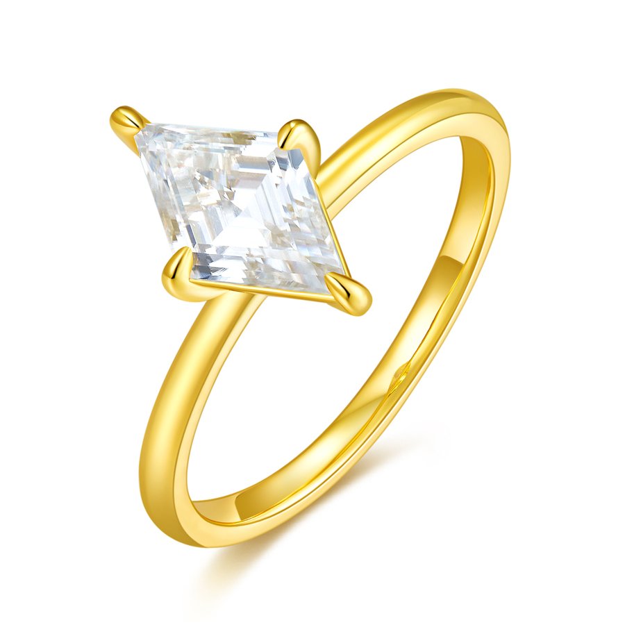 S925 Silver Gold Plated 2ct Kite Cut Moissanite Ring, 12x7mm D VVS1, GRA Certified US 5-9