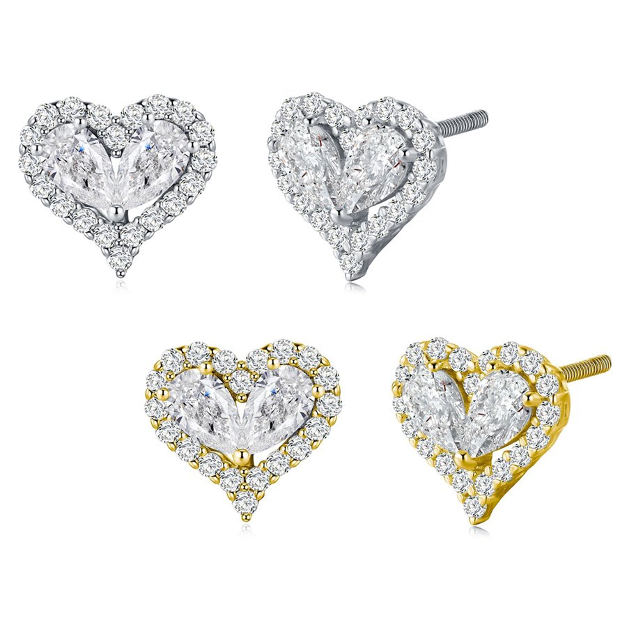 S925 Sterling Silver Heart Moissanite Stud Earrings, 3x5mm D-VVS1 Two-Stone Halo, Platinum Plated 1.9g Romantic Jewelry Gift Box
