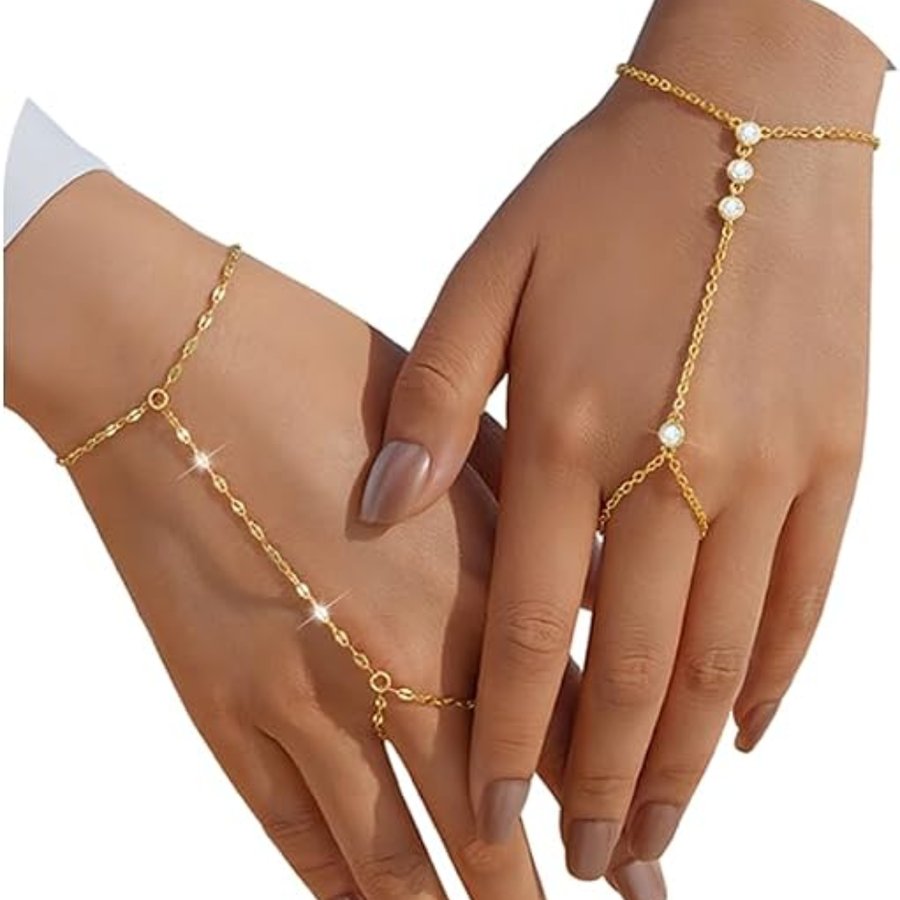 2PCS Gold Hand Chain Bracelets For Women, 14K Gold Plated CZ Link Chain Jewelry Set, Dainty Hand Jewelry
