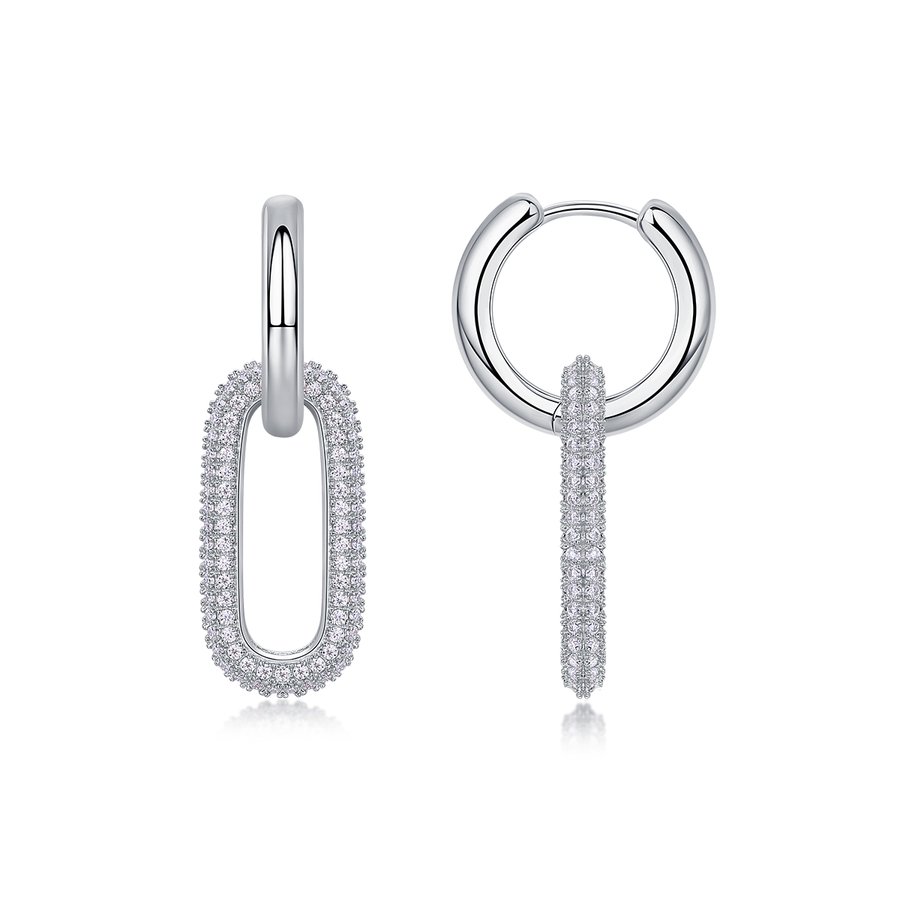 S925 Sterling Silver Geometric Link Drop Earrings, D-VVS1 Moissanite Pave, Platinum Plated 9.4g Women's Jewelry Gift Box