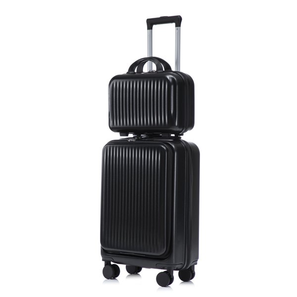 14inch 20inch 2 Pcs Set In ABS Spinner Wheel Luggage, With Combination Lock And Front Opening Design, 14inch Cosmetic Case Black