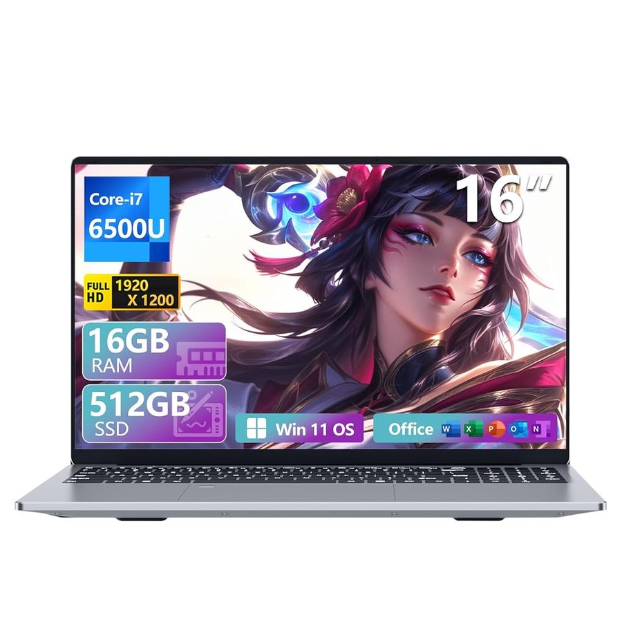 Portatile PC 16 pollici, Core i7 6500U processore 16 GB RAM 512 GB SSD Notebook, Win 11 Laptop, grafica UHD, schermo FHD 1920*1200, tastierino numerico retroilluminato/Touch ID Computer portatile