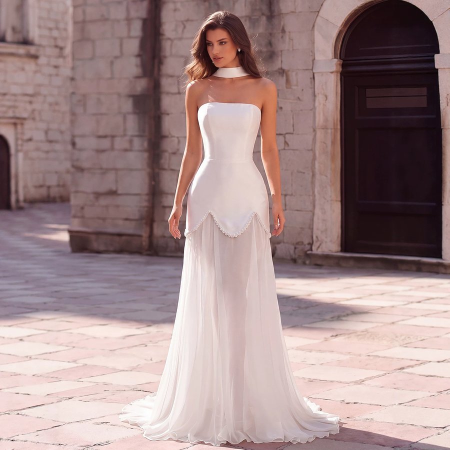 European And American-style Halter-neck Strapless Satin Light Wedding Dress With A Trailing Train