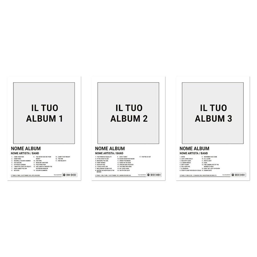 MilkAndCoffeeLab® - Set di 1/3/6 poster personalizzati per i TUOI album musicali PREFERITI, copertine ALBUM di artisti e gruppi, stampe su carta fotografica. Senza cornice. (SET 3, A3 cm 29,7x42)