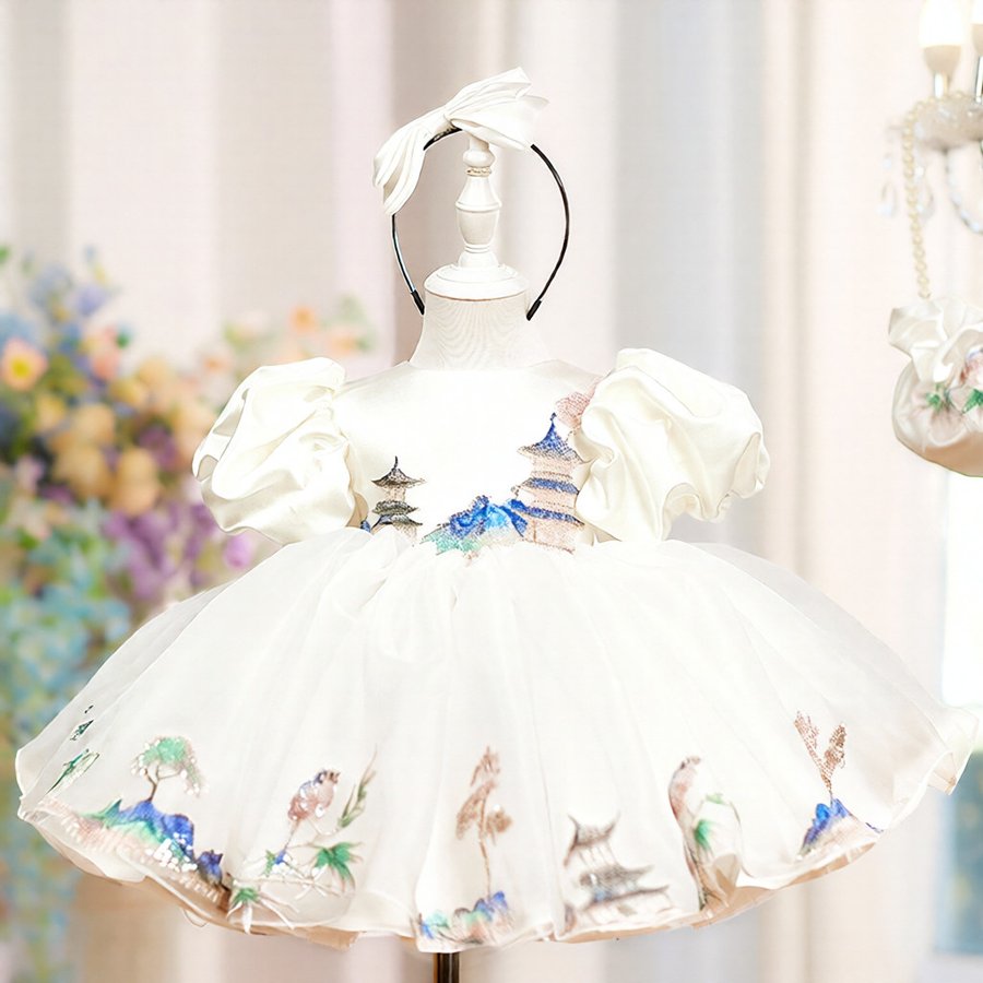 Childrens White Puff-sleeved Satin Ball Gown