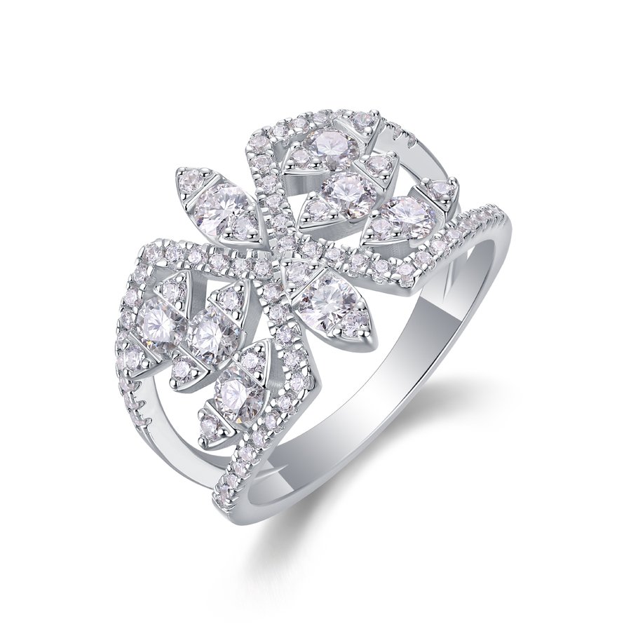 S925 Silver 3.8g Platinum Plated Moissanite Ring, 14.3mm Floral Cluster, D VVS1 GRA Certified US 5-9