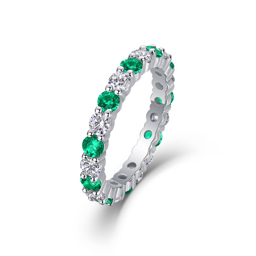 2.4g S925 Sterling Silver Platinum Plated Eternity Ring  Alternating Green & White Gemstone Band, Dainty Stackable Promise Ring For Women, Jewelry Gift Box Set