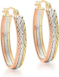 Orecchini Creole Ovali con Taglio Diamantato in Oro Tre Colori 9 ct per Donna