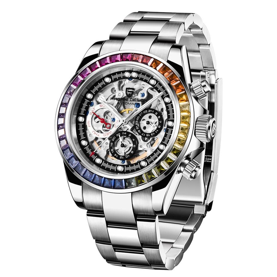 Pagani design orologi automatici uomo diamante arcobaleno automatico meccanico impermeabile in acciaio inox cronografo scheletro uomini 40mm