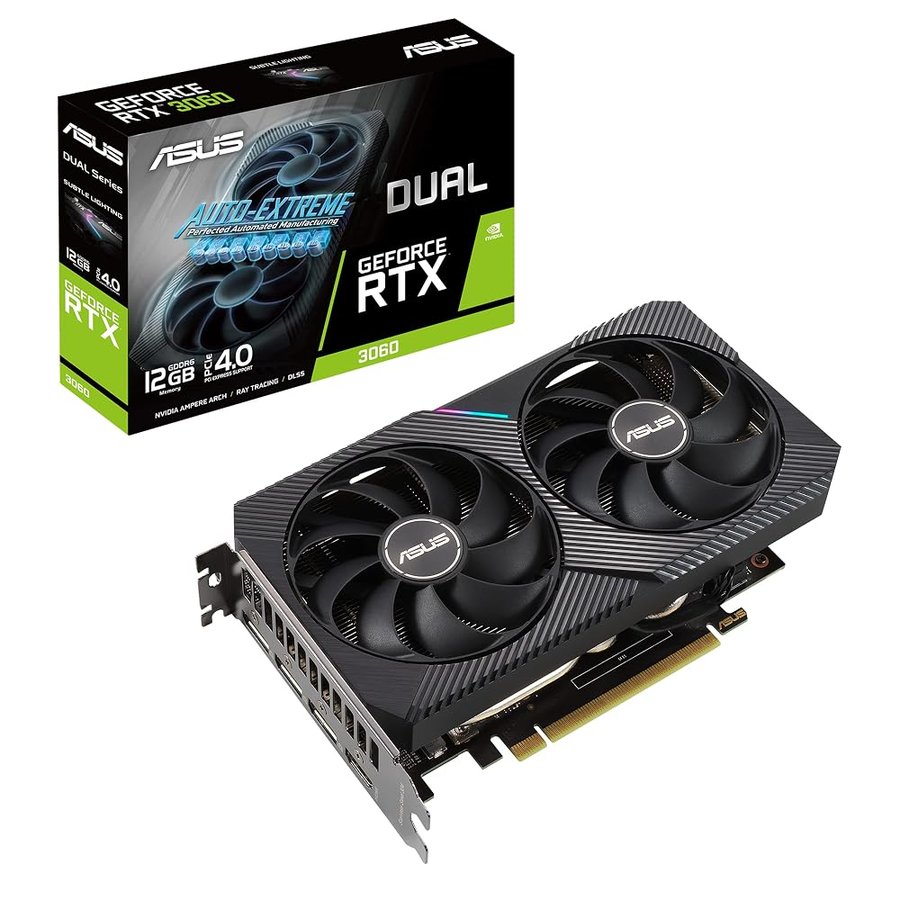 ASUS Dual NVIDIA GeForce RTX 3060 V2 Scheda Grafica, 12GB GDDR6, PCIe 4.0, HDMI 2.1, DisplayPort 1.4a, Due Ventole Axial-Tech, PSU Consigliata 650W, GPU Tweak II, Tecnologia 0dB, Nero