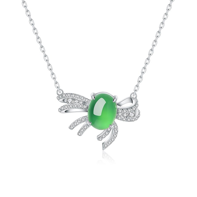 S925 Sterling Silver Necklace, 9x7mm Cabochon Green Chrysoprase Bowknot Pendant, Platinum Plated 3.1g, 45cm Chain, Elegant Women's Jewelry Gift Set