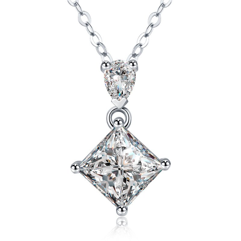 S925 Sterling Silver Princess & Pear Cut Two-Stone Necklace, 1ct D-VVS1 Moissanite Pendant, Platinum Plated 40&45cm Chain, GRA Certified Women's Jewelry Gift Box