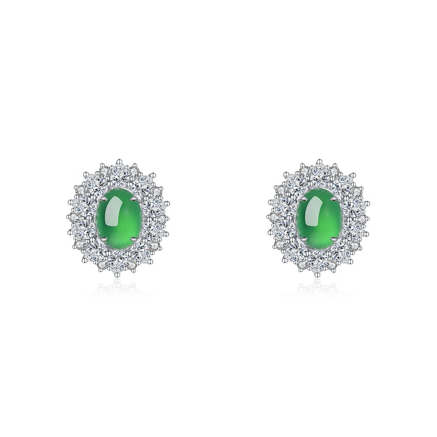 S925 Sterling Silver Halo Stud Earrings, 9x7mm Oval Green Chrysoprase, Platinum Plated 6.6g Elegant Earrings With Fashion Gift Box