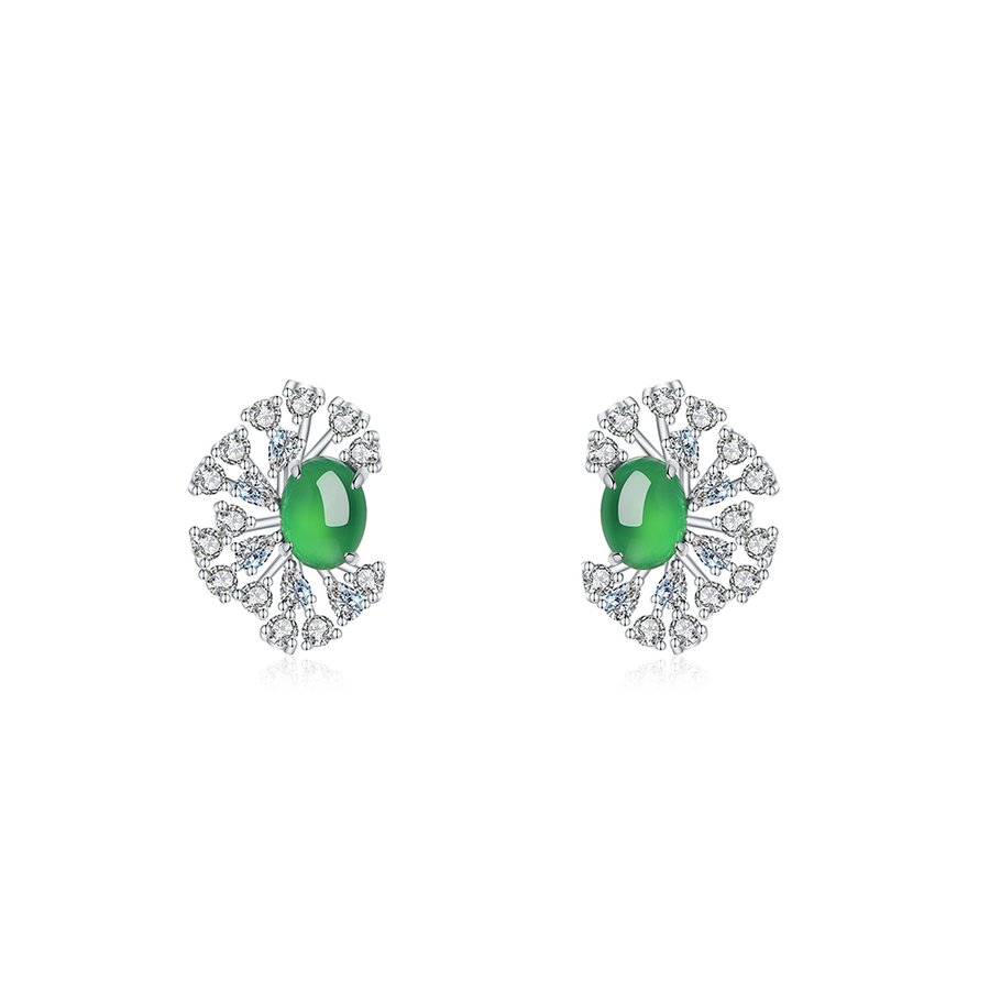 S925 Sterling Silver Sunburst Halo Stud Earrings, 8x6mm Oval Green Chrysoprase, Platinum Plated 4.7g, Elegant Women's Fine Jewelry Gift Box Set