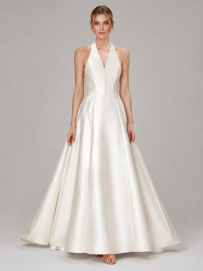 Elegant Satin Waist-Cinching Halter Neck Sleeveless Dress