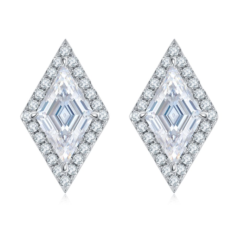 S925 Sterling Silver Kite Cut Halo Stud Earrings, 2Ct D-VVS1 Moissanite, Platinum Plated 2.5g Women's Jewelry Gift Box