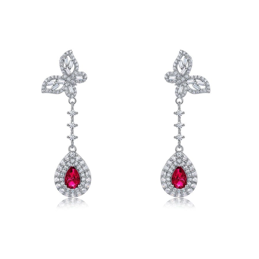 S925 Sterling Silver Bowknot Dangle Earrings, 6x4mm Pear Lab-Grown Ruby Sapphire Emerald, Platinum Plated 4.5g Women's Jewelry Gift Box