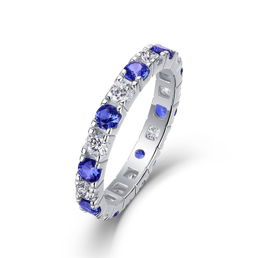 2.4g S925 Sterling Silver Platinum Plated Ring  Synthetic Blue Sapphire & White Stone Alternating Eternity Band, Dainty Promise Ring For Women, Jewelry Gift Box Set
