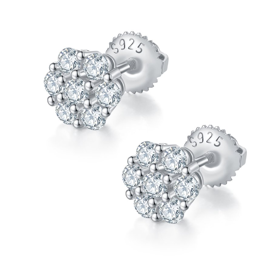 S925 Sterling Silver 14pcs D Color VVS1 Moissanite Cluster Stud Earrings 1.5g Screw Back Hypoallergenic GRA Certified Gift Box