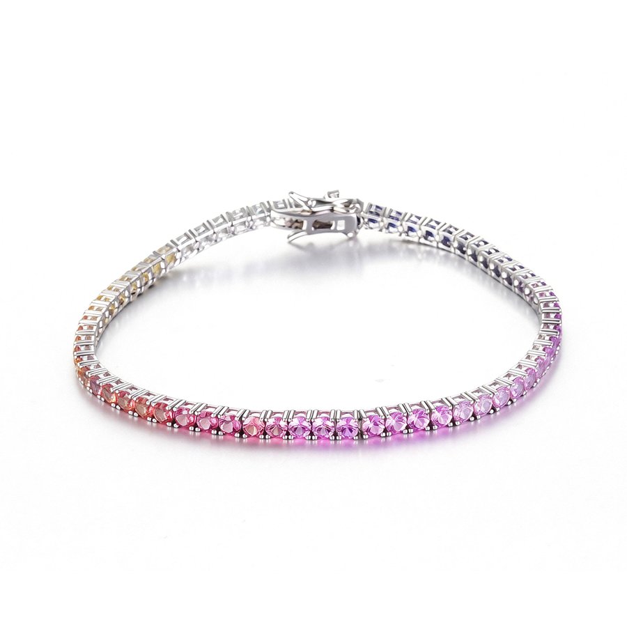S925 Sterling Silver 3mm Rainbow Lab-Grown Gemstone Tennis Bracelet For Women Platinum Plated 5.9g Gift Box