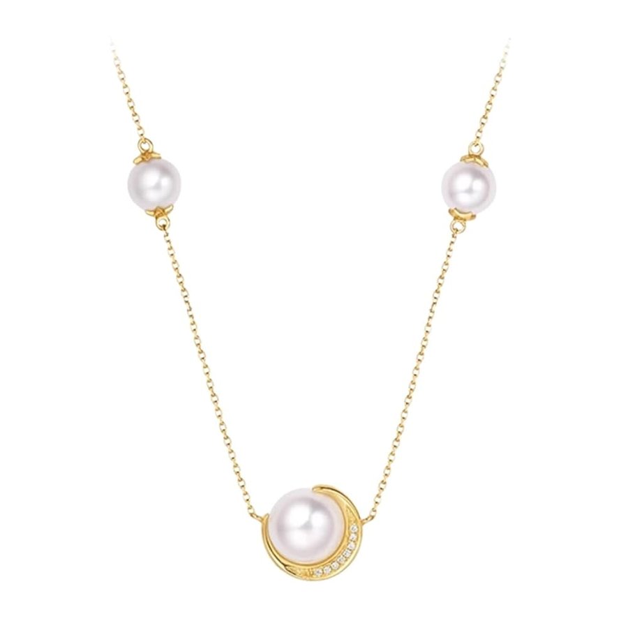 Collana da donna in oro giallo 9 K/14 K/18 K, con ciondolo, realizzata in laboratorio, con ciondolo a forma di luna, colore bianco, collana da donna Au 750/585/375, Oro giallo 18 carati (750