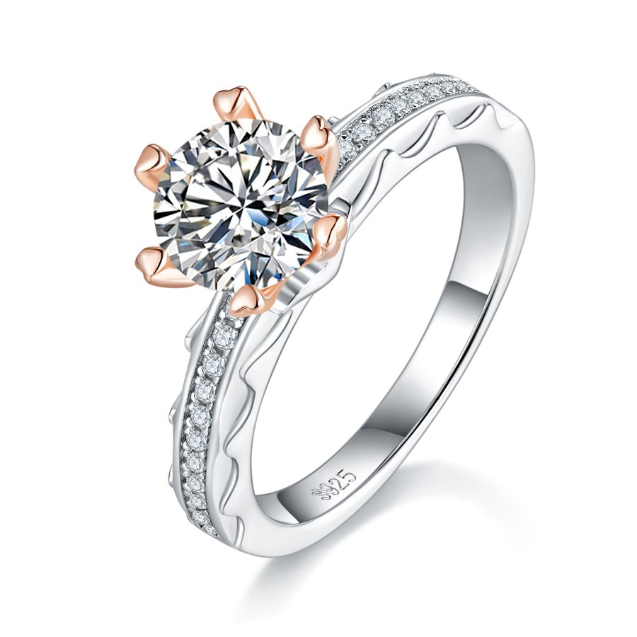 S925 Sterling Silver 1ct Moissanite Ring, 6.5mm Round Cut With Gold Heart Prongs, Pave Band, US Sizes 5-9, GRA Certificate Gift Box