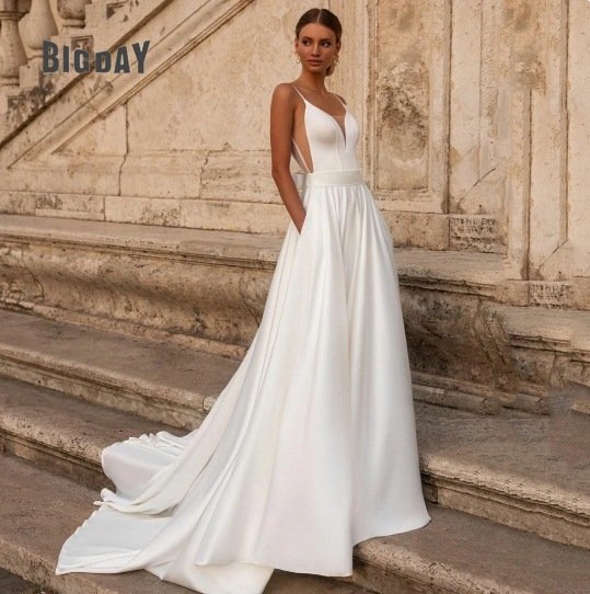 Simple Deep-V Strap Satin Wedding Dress