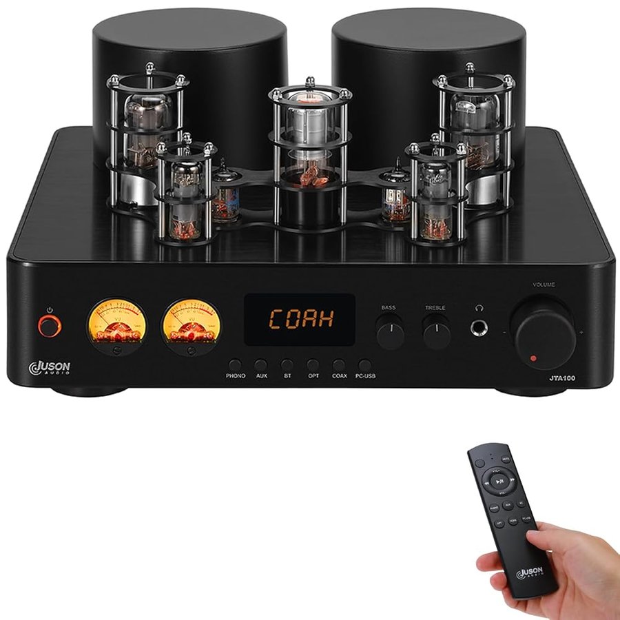 Juson Audio JTA100 200 W Amplificatore valvolare per tubi sottovuoto,ibrido integrato con Phono, BT 5.0 Optimal, ingresso RCA RCA e uscita cuffie 2.1CH Class AB HiFi Home Audio Amp per giradischi