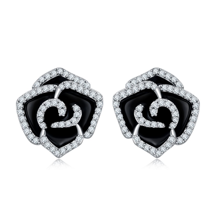 S925 Sterling Silver Black Enamel Rose Stud Earrings, D-VVS1 Moissanite Pave Outline, Platinum Plated 5.2g Elegant Women's Gift Box