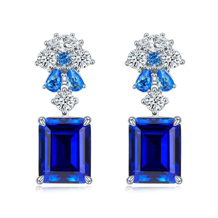 S925 Silver 6.5g 8ct Lab-Created Sapphire Drop Earrings, 10x8mm Emerald Cut, Pair