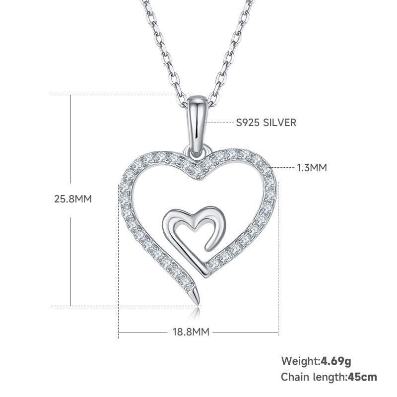 4.6g S925 Sterling Silver Moissanite Heart Necklace 45cm  32 Stones Double Heart Pendant With GRA, Platinum Plated Romantic Jewelry Gift Box Set For Women