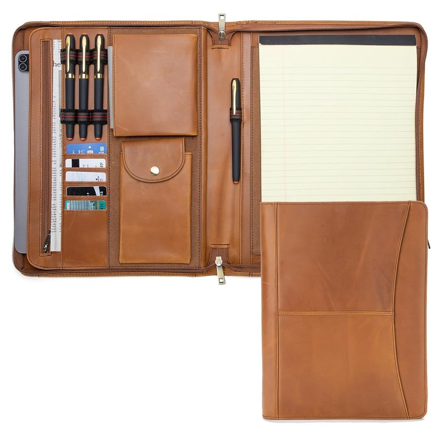 Raccoglitore in vera pelle con cerniera, tasca esterna, cartella portadocumenti con supporto per notebook A4 8,5 x 11 cm, organizer per computer portatile, idea regalo per donne e uomini,
