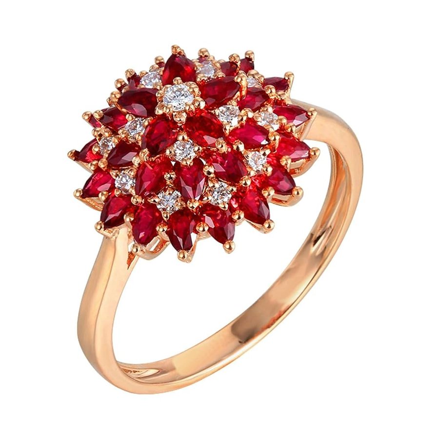 Anello Fidanzamento Donna, Anelli Amicizia Oro Rosa 18K Fiore Lusso Rubino Rosso Sintetico Goccia D'acqua da 1.3ct e Moissanite Anelli per Fidanzata, Sposa Oro Rosa