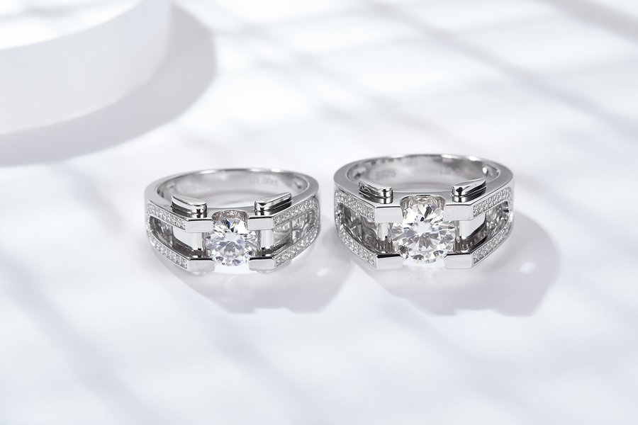 S925 Sterling Silver 1&2ct Moissanite Ring, D-VVS1 Geometric Double-Band Design, Platinum Plated, US Sizes 5-9, GRA Certificate Gift Box