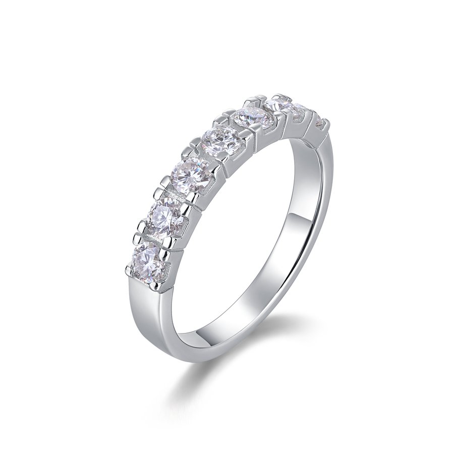 S925 Silver 1.7g Platinum Plated Moissanite Ring, 7x 3.0mm D VVS1 Half Eternity Band, GRA Certified US 5-9