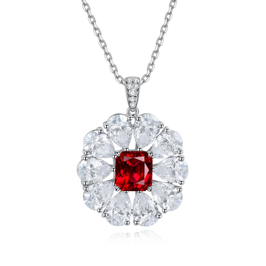 S925 Silver 7.7g Lab-Created Gemstone Necklace, 7x7.5mm Pendant, 5 Colors, 40&5cm