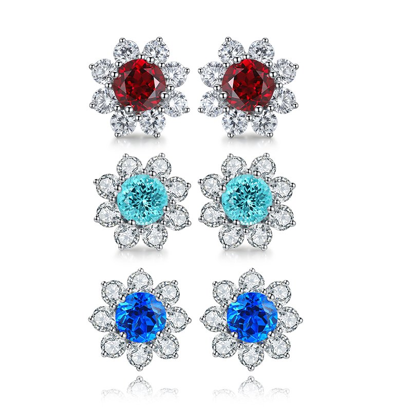 S925 Silver 4.1g Flower Lab-Created Gemstone Earrings, 6.5mm Ruby Sapphire Paraiba Spinel