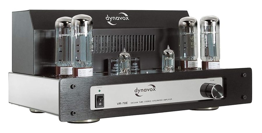 Dynavox VR-70E II amplificatore integrato a valvole, amplificatore HiFi per un suono caldo e valvolare, design vintage con griglia di protezione rimovibile e finitura cromata.