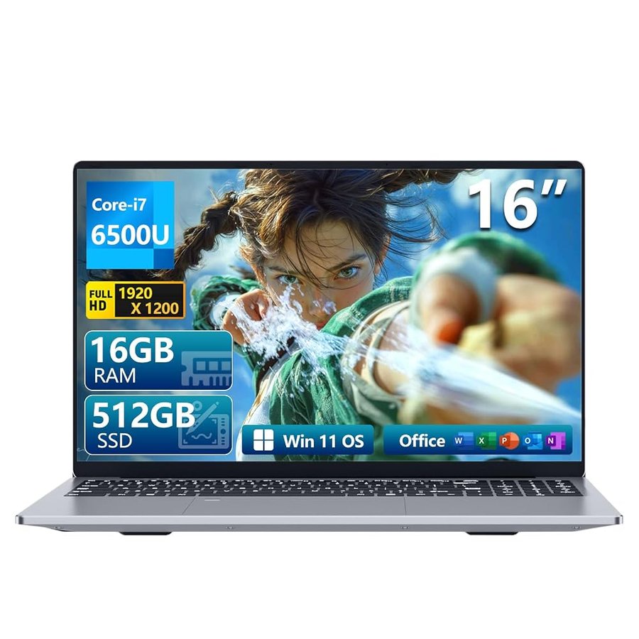 16 Pollici PC Portatile Core i7-6500U, Win 11 Notebook 16GB LPDDR4 RAM 512GB SSD, Gaming Laptop 1080P Schermo, Tastiera Retroilluminata, Notebook Type-C/RJ45/Mini-HDMI/Webcam/Batteria 5000mAh