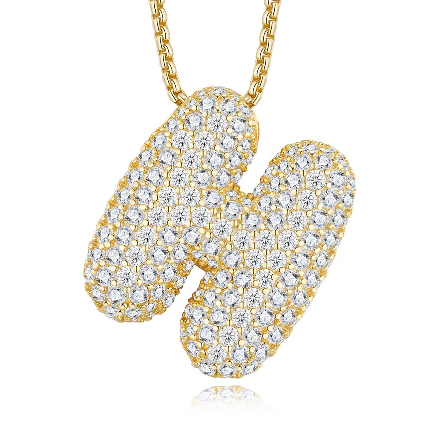 13.57g S925 Gold Plated Bubble Letter Initial Necklace For Women  D Color VVS1 Moissanite Pendant With GRA Certificate, Heavy Solid Personalized Jewelry Gift Box Set A-Z