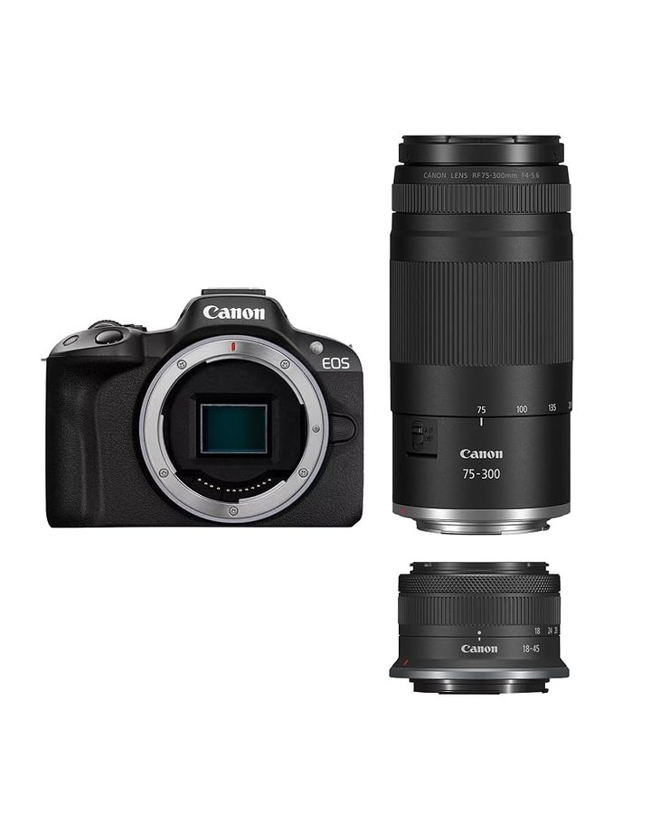 Canon EOS R50 APS-C Mirrorless + RF-S 18-45 + 75-300mm Kit Doppio Zoom (24,2 Mp,- Fino a 15fps, DIGIC X, Video 4K UHD Fino 30p, Dual Pixel CMOS Auto Focus II, Disp, Lay Touch Ordinetabile 7,5 cm)