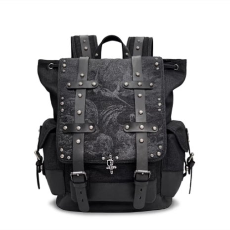 Laser-burned Denim Backpack With Genuine Leather Rivets And Lobster Clasps