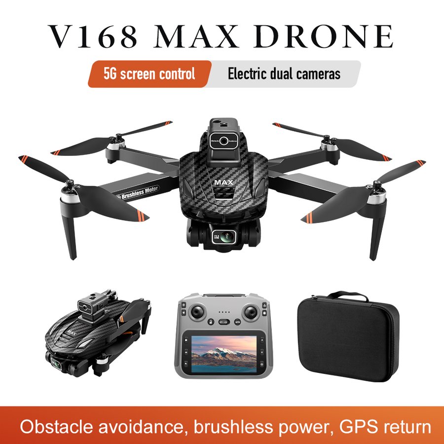 V168Pro Max Drone  8K HD, 4.5-inch Screen, With GPS Positioning Function, And Carbon Fiber Pattern Finish.